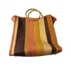 Flora Bella Striped Orange, Yellow & Brown Woven Tote with Bamboo Handles *read*